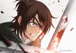 Rule 34 | 1other, absurdres, blood, bloody weapon, brown eyes, brown hair, clenched teeth, cloak, commentary request, eyepatch, glasses, green cloak, hange zoe, highres, paradis military uniform, portrait, shingeki no kyojin, short hair, sirius 0905hz, solo, sword, teeth, twitter username, weapon