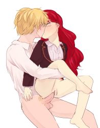 Rule 34 | 1boy, 1girl, barefoot, blonde hair, blonde pubic hair, blush, bottomless, chadolbaegi, closed eyes, colored pubic hair, couple, french kiss, girl on top, hetero, highres, jaune arc, kiss, long hair, male pubic hair, penis, pubic hair, pussy, pussy juice, pyrrha nikos, red hair, reverse upright straddle, rwby, sex, sex from behind, short hair, simple background, tearing up, testicles, uncensored, vaginal, white background