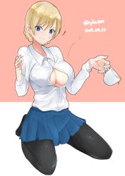 Rule 34 | 10s, 1girl, ^^^, absurdres, black pantyhose, blonde hair, blue eyes, blue skirt, braid, breasts, bursting breasts, cleavage, collarbone, cup, darjeeling (girls und panzer), dated, dress shirt, french braid, girls und panzer, highres, irukatto, kneeling, large breasts, long sleeves, pantyhose, pink background, pleated skirt, popped button, shiny clothes, shirt, signature, simple background, sketch, skirt, smile, solo, spilling, sweat, sweatdrop, tea, teacup, twitter username, two-tone background, white background, white shirt