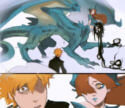 1boy 1girl bleach bleach:_sennen_kessen-hen brown_eyes brown_hair disembodied_head dragon_girl eyeliner green_eyeliner green_lips highres holding_detached_head inoue_orihime itsalpha kurosaki_ichigo looking_at_another makeup monsterification simple_background surprised taur yhwach