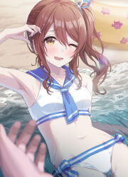 Rule 34 | 1girl, 1other, absurdres, armpits, bare shoulders, beach, bikini, blue neckerchief, blue sailor collar, blush, breasts, collarbone, commentary, day, hair between eyes, hair ribbon, highres, idolmaster, idolmaster shiny colors, innertube, long hair, looking at viewer, medium breasts, momomoi momoi, navel, neckerchief, ocean, official alternate costume, official alternate hairstyle, one eye closed, open mouth, osaki tenka, outdoors, partially submerged, pov, pov hands, red hair, ribbon, sailor bikini, sailor collar, sailor swimsuit (idolmaster), sand, side-tie bikini bottom, side ponytail, sitting, smile, swept bangs, swim ring, swimsuit, water, wet, white bikini, white swimsuit, yellow eyes