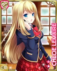 Rule 34 | 1girl, :o, blonde hair, blue eyes, blue jacket, bow, cafe, card, character name, chloe lemaire, day, girlfriend (kari), indoors, jacket, long hair, official art, open mouth, plaid, plaid skirt, qp:flapper, red bow, red neckwear, red skirt, school uniform, shirt, skirt, solo, table, tagme, white shirt, wooden floor