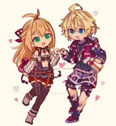 1boy 1girl :d ahoge blue_eyes box fiora_(xenoblade) full_body gift green_eyes hair_ornament heart heart_hands heart_hands_duo hetero holding holding_box holding_gift jacket long_hair miniskirt mugimugis open_mouth red_jacket short_hair shulk_(xenoblade) simple_background skirt smile thighhighs white_background white_day xenoblade_chronicles_(series) xenoblade_chronicles_1