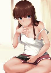 Rule 34 | 1girl, bare shoulders, blue eyes, breasts, brown hair, cleavage, closed mouth, curtains, gradient background, grey no haru, hand on own chest, handheld game console, highres, indian style, long hair, original, playstation portable, playstation vita, shorts, sitting, solo, strap slip, tank top