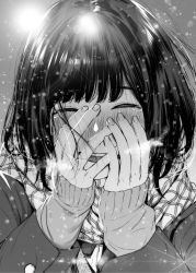 Rule 34 | 1girl, blush, breath, cold, commentary request, covering face, closed eyes, greyscale, highres, jorori, laughing, lens flare, monochrome, open mouth, original, scarf, short hair, sleeves past wrists, snowing, solo, tears, upper body, winter clothes