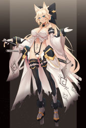 Rule 34 | 1girl, absurdres, animal ears, aoria, armor, armored boots, bare shoulders, black thighhighs, blonde hair, blue eyes, boots, bow, bracelet, breasts, cape, cleavage, commission, detached collar, detached sleeves, facial mark, faulds, full body, gloves, grin, hair bow, highleg, highres, jewelry, katana, knee boots, large breasts, long hair, long sleeves, looking at viewer, navel, original, parted lips, pointy ears, ponytail, revealing clothes, sheath, sheathed, sidelocks, smile, solo, standing, stomach, stomach tattoo, sword, tattoo, thigh strap, thighhighs, torn cape, torn clothes, very long hair, waist cape, weapon, weapon on back, white gloves, wide sleeves