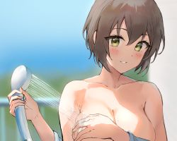 Rule 34 | 1girl, blurry, blurry background, breasts, brown hair, cleavage, collarbone, covering privates, covering breasts, green eyes, hair between eyes, head tilt, highres, holding, holding shower head, large breasts, looking at viewer, mole, mole on breast, nude, original, parted lips, railing, short hair, shower head, sidelocks, solo, upper body, washing, ym (pixiv2132273)