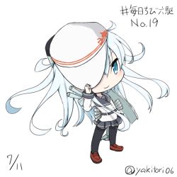 Rule 34 | 10s, 1girl, blue eyes, cannon, chibi, covering one eye, flat cap, hammer and sickle, hand on headwear, hat, hibiki (kancolle), kantai collection, long hair, looking at viewer, school uniform, silver hair, skirt, smile, solo, star (symbol), thighhighs, twitter username, verniy (kancolle), yakitori (yakitori06)