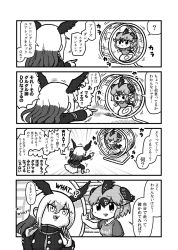 Rule 34 | bald eagle (kemono friends), bird tail, bird wings, boots, comic, greater roadrunner (kemono friends), greyscale, hamster wheel, head wings, highres, kemono friends, kemono friends pavilion, kotobuki (tiny life), long hair, long sleeves, monochrome, pantyhose, playground equipment (kemono friends pavilion), pleated skirt, pointing, running, shirt, shoes, short hair, short sleeves, shorts, skirt, sneakers, t-shirt, tail, translation request, uniform, waving, wings