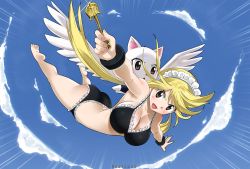 Rule 34 | 2girls, animal ears, artist name, ass, barefoot, bikini, blonde hair, blue sky, blush, bra, breasts, brown eyes, carrying, cat, cat ears, charle (fairy tail), cleavage, cloud, collarbone, curvy, fairy tail, female focus, floating hair, flying, frills, gaston18, happy, huge ass, key, large breasts, lingerie, long hair, looking at another, looking at viewer, lucy heartfilia, maid, maid bikini, maid headdress, midriff, multiple girls, open mouth, outstretched arms, panties, sky, smile, swimsuit, tongue, twintails, unconventional maid, underwear, white cat, wings