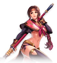 Rule 34 | 1girl, braid, braided ponytail, breasts, large breasts, long hair, medium breasts, midriff, navel, revealing clothes, seong mi-na, snk, solo, soul calibur, soulcalibur, soulcalibur vi, the king of fighters all-stars, thighhighs, underboob