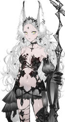 Rule 34 | 1girl, absurdres, animal ear fluff, animal ears, animal hands, black bra, black choker, blush, bra, breasts, choker, claws, cleavage, collarbone, facial mark, forehead mark, hair ornament, highres, holding, holding staff, lace, lace bra, lingerie, looking at viewer, miniskirt, navel, nipi27, original, simple background, skirt, small breasts, solo, staff, underwear, white background, white hair, wolf ears, wolf girl, yellow eyes