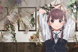 Rule 34 | 1girl, arms behind head, blouse, blunt bangs, blurry, blurry foreground, braid, brown hair, brown nails, depth of field, flower, highres, holding, holding flower, original, scenery, school uniform, shadow, shirt, solo, twin braids, un (un0044), upper body, white shirt, wristband