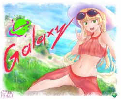 Rule 34 | 1girl, artist logo, artist name, blonde hair, blunt bangs, breasts, cerealxs, cleft of venus, collarbone, english text, feet out of frame, grass, green eyes, hat, heanna sumire, highres, long hair, looking at viewer, love live!, love live! superstar!!, m/, navel, nipples, no panties, open mouth, outdoors, pussy, see-through, selfie, sidelocks, sleeveless, small breasts, smile, spread legs, sun hat, sunglasses, sunglasses on head, teeth, thighs, uncensored, upper teeth only, white headwear