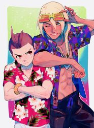 Rule 34 | 2boys, abs, ace attorney, adjusting eyewear, annoyed, antenna hair, apollo justice, aqua eyes, arm on another&#039;s shoulder, arm rest, beachricefield, black pants, blonde hair, border, bracelet, brown hair, chain necklace, closed mouth, collared shirt, cowboy shot, crossed arms, dark-skinned male, dark skin, drawstring, drill hair, earrings, eyewear on head, fingernails, floral print, forked eyebrows, grin, guitar print, hair between eyes, hawaiian shirt, highres, jewelry, klavier gavin, leaf print, long hair, looking at another, looking at viewer, male focus, multicolored background, multiple boys, necklace, one eye closed, open clothes, open collar, open shirt, outline, outside border, pants, pink shirt, plant print, print shirt, purple shirt, red eyes, shirt, short hair, short sleeves, shutter shades, single earring, smile, smug, sparkle, sweat, thumb ring, toned, toned male, v-shaped eyebrows, white border, white outline