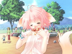 Rule 34 | 1girl, animal ears, ball, blush, child, collar, cuffs, day, dog ears, dog tail, closed eyes, fang, fountain, game cg, happy, laughing, outdoors, petto, pink hair, sakurazawa izumi, soccer ball, solo, tail, tango (soccer ball), tree, wanko, wanko (wanko to lily), wanko to lily, water, wrist cuffs