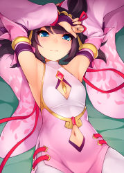 Rule 34 | 1girl, armpits, arms up, blue eyes, blush, breasts, brown hair, china dress, chinese clothes, closed mouth, clothing cutout, detached sleeves, dragalia lost, dress, headpiece, highres, lin you, lips, long sleeves, looking at viewer, lying, navel, navel cutout, on back, pantyhose, pink dress, ricegnat, short hair, side slit, small breasts, solo, white pantyhose