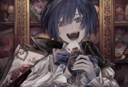 Rule 34 | 1boy, absurdres, black gloves, blue eyes, blue hair, blue nails, blush, card, commentary, crazy eyes, dark blue hair, doll, facing viewer, fangs, frilled sleeves, frills, gloves, hair between eyes, half gloves, highres, holding, holding card, ill 0619, jacket, jacket on shoulders, kaito (vocaloid), looking at viewer, male focus, matryoshka doll, nail polish, open mouth, pale skin, playing card, portrait, shelf, shirt, short hair, smile, solo, stuffed toy, vocaloid, white shirt