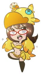 Rule 34 | 1girl, artist request, blush stickers, breasts, brown eyes, brown hair, chocobo, chocolatte (world of final fantasy), cleavage, feathered wings, final fantasy, glasses, hat, solo, thighhighs, wings, world of final fantasy
