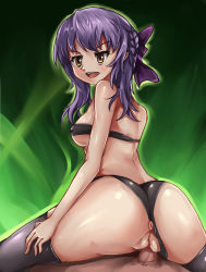 Rule 34 | 10s, 1boy, 1girl, anus, ass, black legwear, blush, clothed female nude male, clothed sex, clothing aside, covered erect nipples, from behind, hair ribbon, hetero, highres, hiiragi shinoa, nude, open mouth, owari no seraph, panties, panties aside, pov, purple hair, pussy, ribbon, sex, sketch, solo focus, uncensored, underwear, vaginal