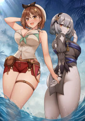 Rule 34 | 2girls, ass, atelier (series), atelier ryza, atelier ryza 2, belt, black skirt, blue sky, breasts, brown belt, brown eyes, brown hair, cleavage, cloud, duplicate, grey hair, grey leotard, hair ornament, hairclip, highres, holding hands, kannko bokujou, large breasts, leather belt, leotard, md5 mismatch, multiple girls, pale skin, palms, puffy short sleeves, puffy sleeves, red shorts, reisalin stout, resolution mismatch, serri glaus, shallow water, short hair, short shorts, short sleeves, shorts, single sidelock, skirt, sky, source larger, thick thighs, thigh strap, thighs, wading, water, wet, wet clothes, white headwear, yellow eyes
