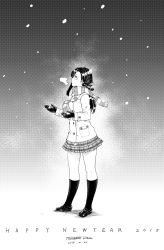 Rule 34 | 1girl, 2015, blush, buttons, copyright request, dated, double-breasted, enpera, gloves, greyscale, happy new year, highres, jacket, loafers, long hair, long sleeves, miniskirt, monochrome, new year, parted lips, pleated skirt, scarf, school uniform, shoes, signature, skirt, snow, snowing, socks, solo, standing, tachibana roku