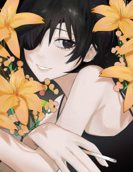 Rule 34 | 1girl, armpits, black hair, black tank top, breasts, chainsaw man, cigarette, eyepatch, floral background, flower, hair over one eye, highres, himeno (chainsaw man), holding, holding cigarette, lily (flower), looking at viewer, medium breasts, one eye covered, sailen0, short hair, smile, solo, tank top, teeth, yellow flower