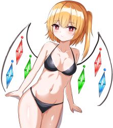 Rule 34 | 1girl, arms at sides, bare shoulders, bikini, black bikini, blonde hair, blush, breasts, bright pupils, closed mouth, collarbone, cowboy shot, crystal, dutch angle, expressionless, facing viewer, flandre scarlet, highres, kiui (dagk8254), medium breasts, navel, one side up, red eyes, shiny skin, short hair, simple background, solo, standing, sweatdrop, swimsuit, touhou, white background, wings