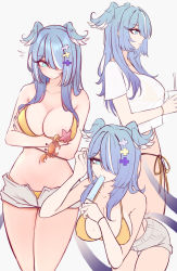 Rule 34 | 1girl, alternate costume, areola slip, arms under breasts, assisted exposure, bent over, bikini, bikini under clothes, blue hair, blue wings, breasts, cleavage, covered erect nipples, crab, crossed arms, dragon girl, elira pendora, food, food in mouth, from side, hair ornament, hair over one eye, head wings, highres, large breasts, long hair, looking at breasts, m r b, mole, multiple views, nijisanji, nijisanji en, one eye covered, open fly, popsicle, profile, projected inset, see-through, sexually suggestive, shirt, short shorts, shorts, side-tie bikini bottom, sidelocks, simple background, sketch, surprised, swimsuit, virtual youtuber, white background, white shirt, wings, x hair ornament