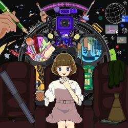 Rule 34 | 1girl, aircraft, bad id, bad pixiv id, blush, brown hair, bus, camera, car, comb, cosmetics, cube, cup, cursor, drinking straw, drone, eighth note, electric guitar, feet out of frame, guitar, hair ornament, hairclip, hand up, headphones, helicopter, highres, instrument, lipstick tube, microphone, motor vehicle, musical note, nail polish, open mouth, original, paintbrush, pen, pin, pink nails, quadcopter, quarter note, short hair, sitting, smile, solo, sound wave, star (symbol), unmanned aerial vehicle, yoshimon