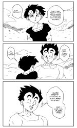 Rule 34 | 1boy, 1girl, 3koma, absurdres, breasts, closed eyes, comic, commentary, dragon ball, dragonball z, english commentary, english text, funsexydb, hair between eyes, highres, hill, medium breasts, monochrome, mountain, open mouth, short hair, smile, son gohan, videl