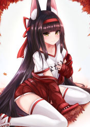Rule 34 | 1girl, absurdres, animal ear fluff, animal ears, autumn leaves, azur lane, black hair, blush, brown eyes, closed mouth, commentary request, fox ears, grey background, gym shirt, gym shorts, gym uniform, headband, highres, jacket, leaf, long hair, long sleeves, looking at viewer, maple leaf, nagato (azur lane), name tag, open clothes, open jacket, red footwear, red headband, red jacket, red shorts, relay baton, ryara, shirt, shoes, short shorts, short sleeves, shorts, sitting, sleeves past wrists, smile, solo, thighhighs, track jacket, very long hair, wariza, white shirt, white thighhighs