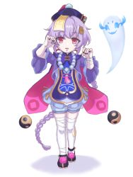 Rule 34 | 1girl, bandaged leg, bandages, bead necklace, beads, black footwear, blue shorts, braid, braided ponytail, cape, coin hair ornament, commentary request, full body, genshin impact, ghost, ghost pose, hair between eyes, hair ornament, hat, highres, jewelry, jiangshi, long hair, long sleeves, looking at viewer, low ponytail, necklace, ofuda, orb, purple eyes, purple hair, qingdai guanmao, qiqi (genshin impact), shorts, sidelocks, simple background, single braid, standing, thighhighs, uzupiyo, white background, white thighhighs, wide sleeves, yin yang, yin yang orb, zettai ryouiki