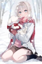 Rule 34 | 1girl, animal, aqua eyes, bare tree, black socks, blonde hair, blurry, blurry background, blush, braid, brown footwear, brown skirt, coat, commentary request, dog, fog, gloves, highres, holding, holding animal, holding dog, long hair, long sleeves, looking at viewer, miwano rag, open clothes, open coat, open mouth, original, outdoors, pink sweater, plaid, plaid scarf, poodle, red gloves, red scarf, scarf, shoes, sidelocks, sitting, skirt, smile, snow, snowing, socks, solo, sweater, teeth, tree, wariza, white coat, winter