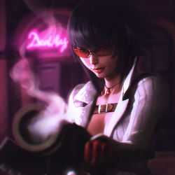 Rule 34 | 1girl, belt, black hair, chromatic aberration, dark, devil may cry, devil may cry (series), devil may cry 4, gradient background, gun, ilya kuvshinov, jewelry, lady (devil may cry), lips, looking at viewer, necklace, red-tinted eyewear, short hair, smoke, smoking barrel, solo, sunglasses, tinted eyewear, upper body, weapon