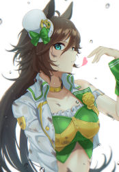 Rule 34 | 1girl, ahoge, animal ears, armband, bandeau, blowing kiss, brown hair, choker, cropped jacket, dirty, dirty clothes, dirty face, green eyes, hand up, heart, highres, horse ears, hukahito, jacket, long hair, looking at viewer, midriff, mr. c.b. (umamusume), puckered lips, single bare shoulder, single sleeve, solo, umamusume, upper body, water drop, wet, wet clothes, wet hair, white jacket