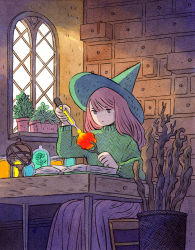 Rule 34 | 1girl, book, drawer, feet out of frame, green hat, green sweater, grey eyes, hat, heikala, highres, inktober, lava, leaf, long hair, long sleeves, open book, open drawer, original, pink hair, plant, potted plant, purple skirt, sitting, skirt, solo, sweater, window, witch, witch hat