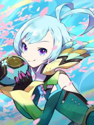 Rule 34 | 1boy, ahoge, asagi1111, bare shoulders, blue background, blue hair, closed mouth, elbow gloves, floren (xenoblade), gloves, green gloves, green leotard, highres, holding, leotard, looking at viewer, petals, pink eyes, short hair, smile, solo, trap, xenoblade chronicles (series), xenoblade chronicles 2