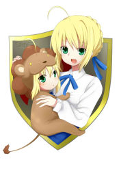 Rule 34 | 2girls, ahoge, animal costume, artoria pendragon (fate), blonde hair, fate/stay night, fate/tiger colosseum, fate (series), green eyes, hair ribbon, holding, multiple girls, ribbon, rubii, saber (fate), saber lion, smile, tail
