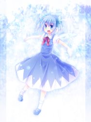 Rule 34 | 1girl, alternate hairstyle, blue dress, blue eyes, blue hair, cirno, dress, fang, hair ribbon, kurosu rino, mary janes, matching hair/eyes, open mouth, outstretched arms, ribbon, shoes, short hair, socks, solo, spread arms, touhou, twintails, white socks, wings