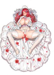 Rule 34 | 1girl, breasts, crotch, dress, flower, gintm, headshop, high heels, highres, large areolae, large breasts, legs, legs apart, long hair, looking at viewer, lying, nipples, on back, original, petals, puffy nipples, red eyes, red flower, red hair, red rose, rose, solo, spread legs, thighs, third-party edit, wedding dress, white background
