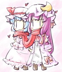Rule 34 | 2girls, bad id, bad pixiv id, blue hair, blush, bow, chibi, crescent, gradient background, hair bow, hat, heart, holding hands, long hair, multiple girls, natsuki (silent selena), patchouli knowledge, purple hair, remilia scarlet, scarf, shared clothes, shared scarf, short hair, touhou, yuri, | |