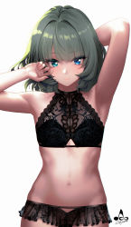 Rule 34 | 1girl, arm behind back, arm up, armpits, artist name, bare shoulders, black bra, black panties, blue eyes, blunt bangs, blush, bra, breasts, closed mouth, collarbone, eyelashes, fingernails, green eyes, green hair, groin, halterneck, hand up, heterochromia, highres, idolmaster, idolmaster cinderella girls, infinote, lace, lace bra, lace panties, lingerie, long fingernails, looking at viewer, mole, mole under eye, nail polish, navel, panties, pink lips, pink nails, short hair, simple background, small breasts, smile, solo, standing, stomach, takagaki kaede, underwear, underwear only, upper body, white background
