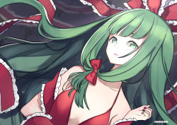 Rule 34 | 1girl, absurdres, alternate costume, alternate hair length, alternate hairstyle, artist name, bare shoulders, bow, breasts, commentary request, dress, frilled ribbon, frills, front ponytail, green eyes, green hair, grey background, hair bow, hair ribbon, halter dress, halterneck, hand up, highres, kagiyama hina, long hair, looking at viewer, nail polish, namauni, pink lips, red bow, red dress, red nails, red ribbon, ribbon, signature, small breasts, solo, touhou, upper body, very long hair