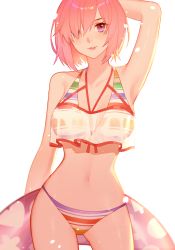 Rule 34 | 1girl, absurdres, arm behind head, arm up, bikini, blush, breasts, cowboy shot, crop top, crop top overhang, eyelashes, fate/grand order, fate (series), hair over one eye, highres, holding, innertube, jesse (pixiv34586727), layered bikini, looking at viewer, mash kyrielight, mash kyrielight (swimsuit of perpetual summer ver.02), medium breasts, navel, official alternate costume, parted lips, pink hair, purple eyes, purple hair, see-through, short hair, simple background, smile, solo, striped bikini, striped clothes, swim ring, swimsuit, white background