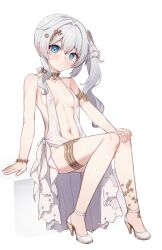 Rule 34 | 1girl, armlet, blue eyes, bracelet, breasts, closed mouth, commentary request, full body, grey hair, hair between eyes, high heels, highres, honkai (series), honkai impact 3rd, jewelry, korean commentary, looking at viewer, navel, side ponytail, sitting, small breasts, solo, tama (tamatamo), theresa apocalypse, thighlet, variant set, white footwear