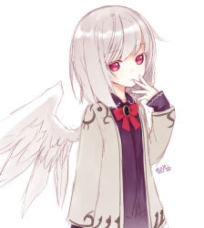 Rule 34 | 1girl, bow, capriccio, dress, hibanar, kishin sagume, long sleeves, looking at viewer, purple dress, red eyes, short hair, silver hair, simple background, single wing, solo, touhou, upper body, vest, white background, wings