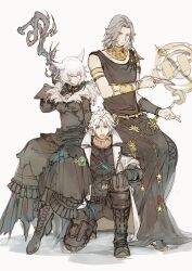 Rule 34 | 1girl, 2boys, animal ears, arm rest, armlet, astrologian (final fantasy), black choker, black dress, black footwear, black gloves, black robe, boots, bracelet, card, cat ears, choker, closed eyes, coat, collar, cross-laced footwear, dress, elezen, elf, facial mark, feather hair ornament, feathers, final fantasy, final fantasy xiv, fingerless gloves, floating, floating object, floating weapon, full body, fur-trimmed dress, fur trim, gloves, grey eyes, grey hair, hair ornament, highres, holding, holding card, hyur, jewelry, knee boots, knee pads, looking at viewer, metal collar, miqo&#039;te, multiple boys, on one knee, on shoulder, open mouth, pointy ears, poooto10, ring, robe, short hair, shoulder belt, simple background, sitting, sitting on person, sitting on shoulder, smile, staff, thancred waters, urianger augurelt, weapon, weapon on back, white background, white choker, white coat, white hair, y&#039;shtola rhul, yellow eyes