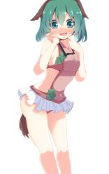 Rule 34 | 1girl, adapted costume, animal ears, aoi (annbi), bare legs, blush, breasts, clothing cutout, dog ears, dog tail, full-face blush, green eyes, green hair, hands on own face, highres, kasodani kyouko, looking at viewer, matching hair/eyes, microskirt, revealing clothes, short hair, side cutout, sideboob, simple background, skirt, solo, sweat, tail, touhou, wavy mouth, white background