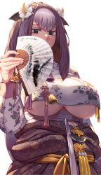Rule 34 | 1girl, absurdres, bell, breasts, chinese zodiac, cow horns, fan over face, fingernails, floral print, flower, folding fan, grey background, grey eyes, grey hair, hair flower, hair ornament, hand fan, highres, holding, holding fan, horns, large breasts, long hair, lw goombang, multicolored hair, original, patterned, patterned clothing, purple hair, simple background, solo, tassel, underboob, white flower, year of the ox, yellow horns